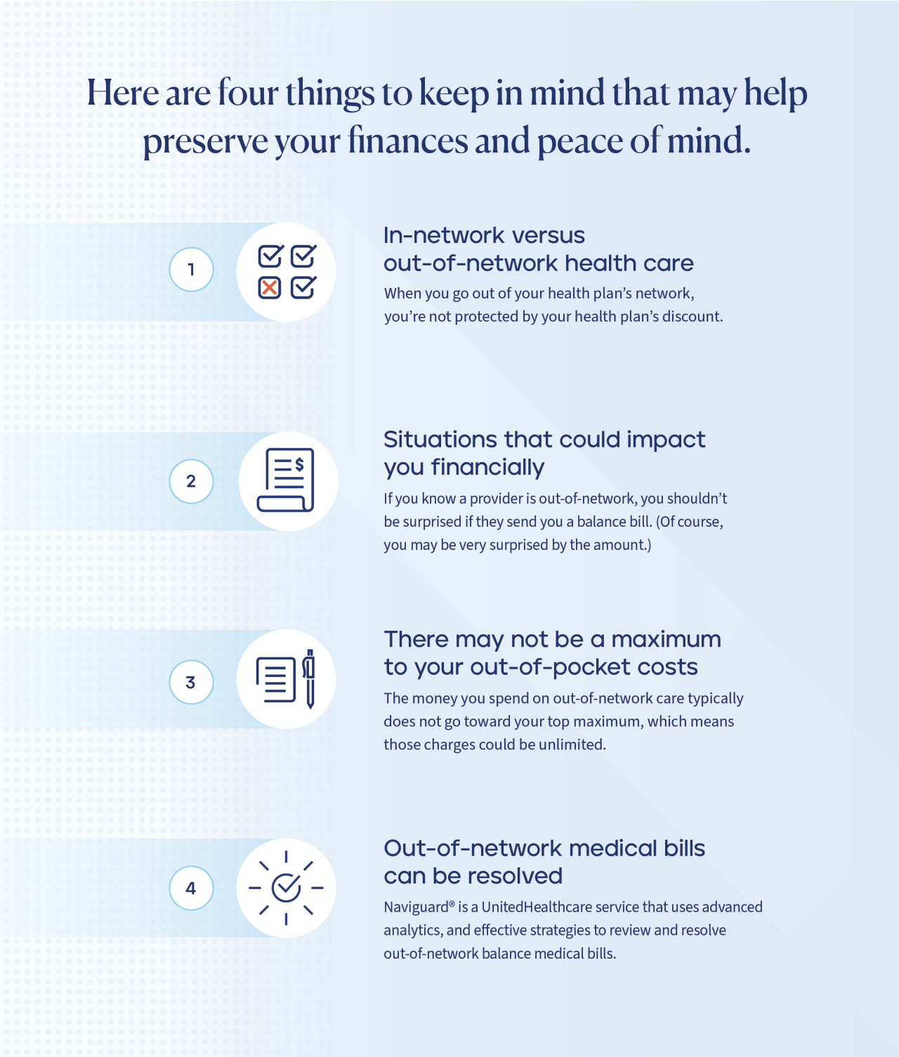Infographic highlighting 4 tips for reducing out-of-network health care costs